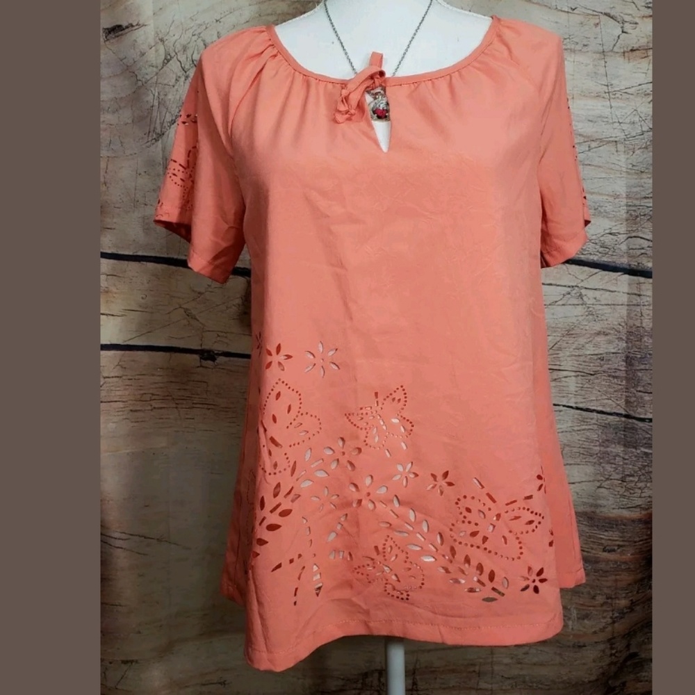 Solitaire by Ravi Khosla Coral Laser Cut Floral Blouse Women’s Small - Picture 3 of 7